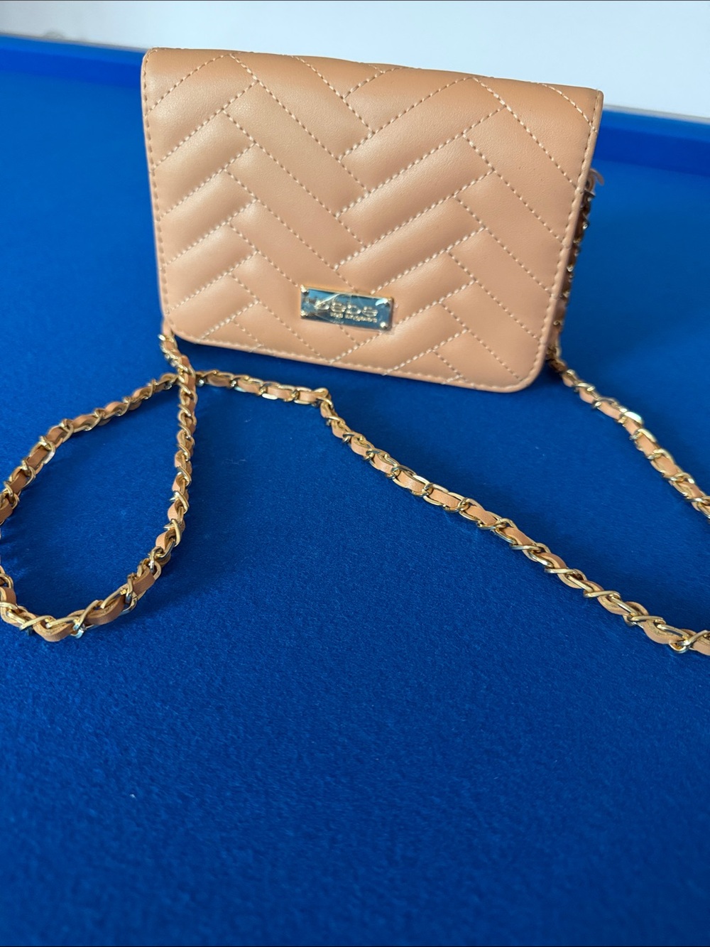 bebe Quilted Tan Crossbody with Gold Chain